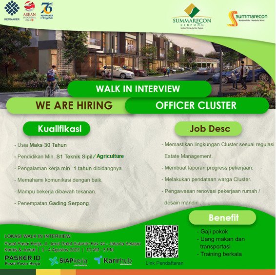 Halo Jobers...!!
Ikutan yuk Walk In Interview di Pusat Pasar Kerja, 3-4 Agustus 2023, dari jam 10.00 - 15.00 WIB.

Lowongan kerja yg mungkin sesuai dgn kualifikasi kamu adl Officer Cluster dari PT. Serpong Cipta Kreasi Summarecon Group. Langsung scan barcode untuk mendaftar ya..!
