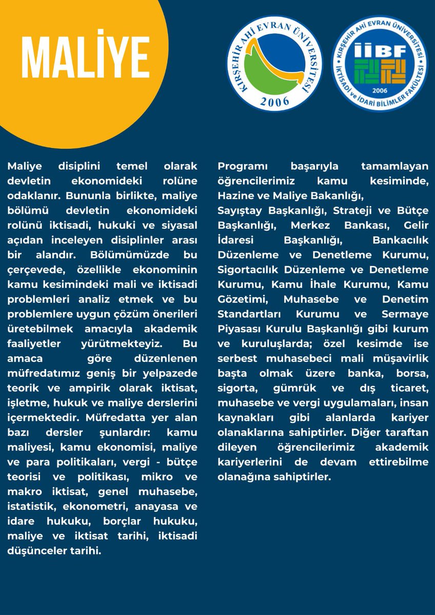 Geleceğin maliye uzmanlarını Fakültemizin maliye bölümünü seçmeye davet ediyoruz.