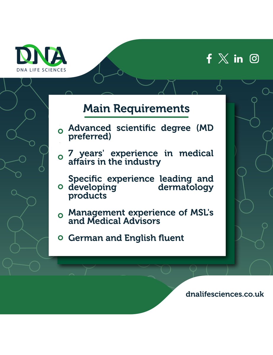 DNA Life Sciences (@dnalifesciences) on Twitter photo 💊 Strategic TA Lead - Medical Affairs 💊
For more information or to send over your CV, please contact info@dnalifesciences.co.uk
#lifesciences #recruitment #Medical 💊 Strategic TA Lead - Medical Affairs 💊
For more information or to send over your CV, please contact info@dnalifesciences.co.uk
#lifesciences #recruitment #Medical