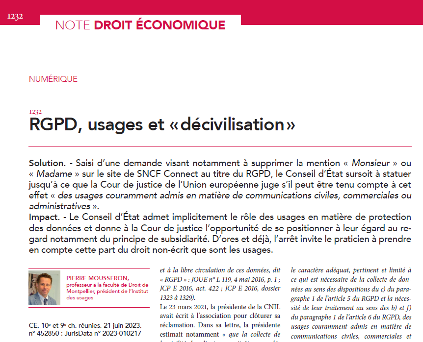#Numérique - RGPD, usages et « décivilisation », note <a href="/PMousseron/">Pierre Mousseron</a> in #JCPE n° 30