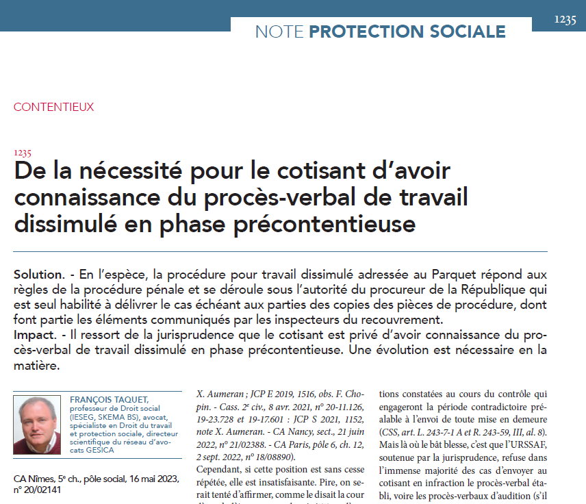 #ProtectionSociale - De la nécessité pour le cotisant d’avoir connaissance du procès-verbal de travail dissimulé en phase précontentieuse, note François Taquet in #JCPE n° 30