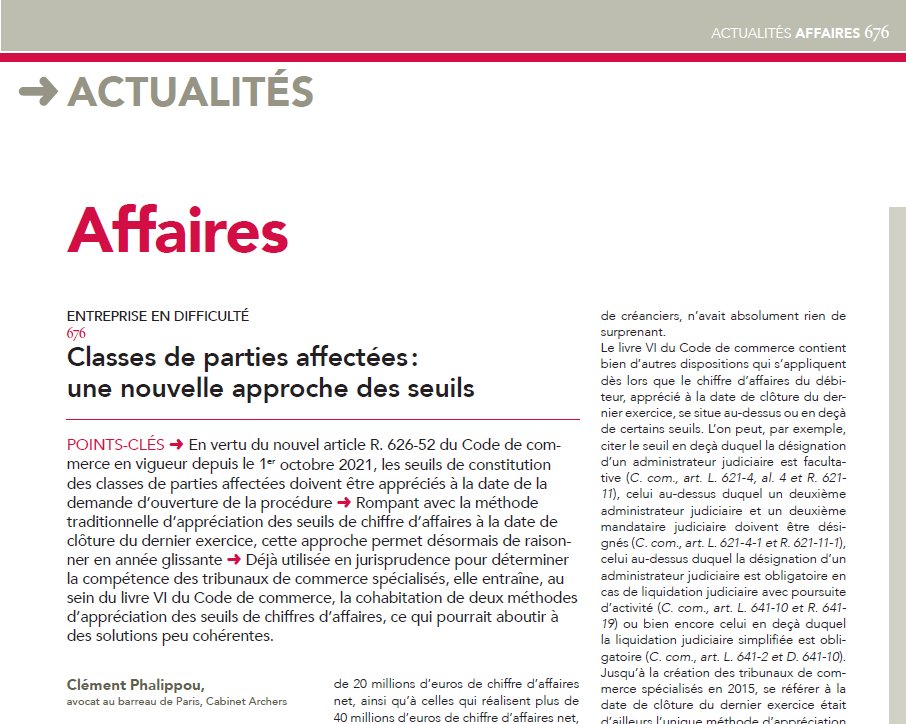 #EntrepriseEnDifficulté - Classes de parties affectées : une nouvelle approche des seuils, aperçu rapide par Clément Phalippou in #JCPE n° 30