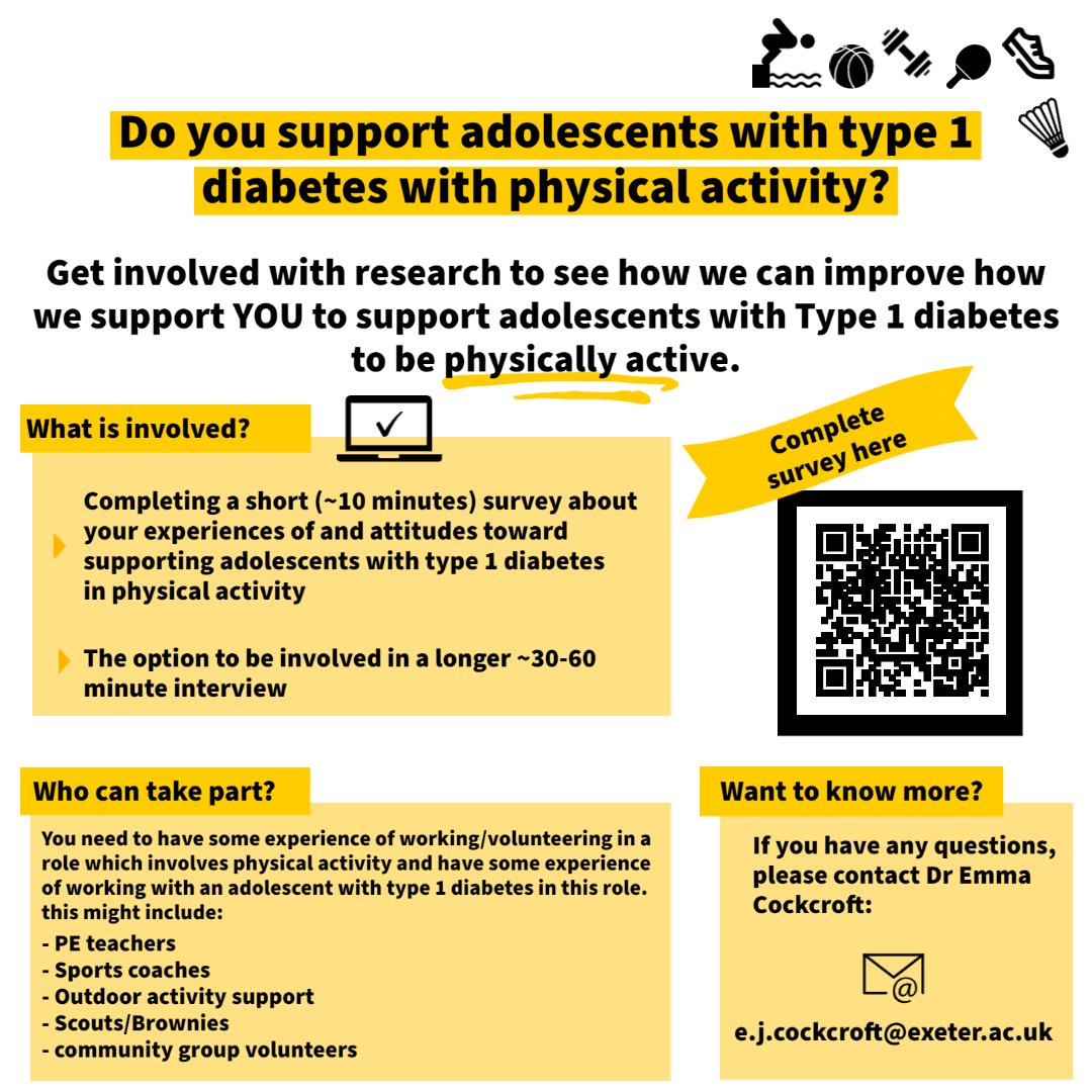 I'm still looking to chat to a couple of Sports coaches for this project about supporting physical activity in young poeple with Type 1 diabetes. Anyone out there able to help? 

🔗exeter.onlinesurveys.ac.uk/ispa-t1d_1