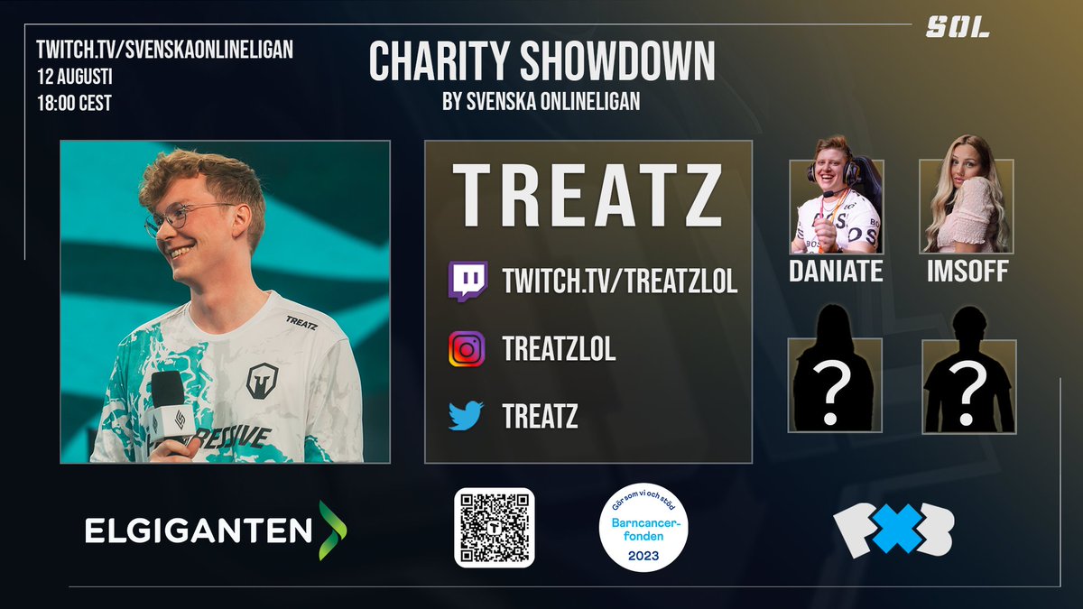 Välkommen till Charity Showdown - Treatz! ⚔

På andra sidan Atlanten såg ni honom igår i LCS-studion och den 12 Augusti ser ni honom spela på riften tillsammans med andra svenska profiler inom LoL-scenen 🏅

Vi är otroligt stolta att kunna presentera en så stor profil och