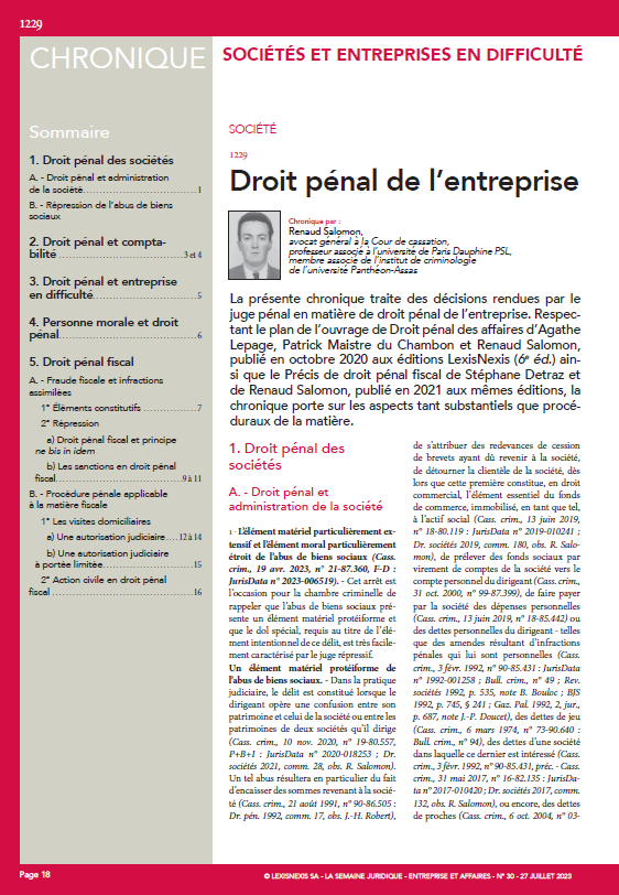 #Société - Droit pénal de l’entreprise, chronique par Renaud Salomon in #JCPE n° 30