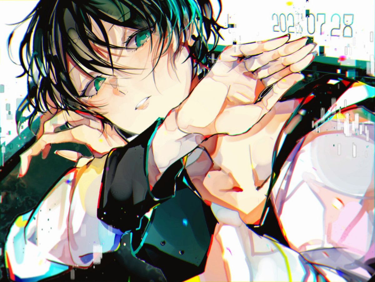 1boy male focus solo black hair jacket green eyes parted lips  illustration images