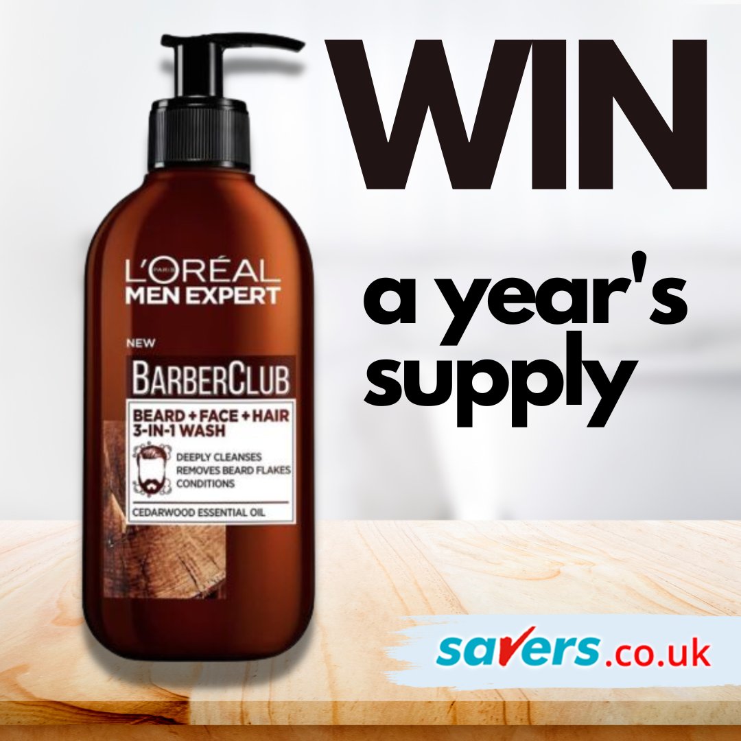 We're giving you the chance to #WIN a year's supply of L'Oréal Men Expert Barber Club 3-in-1 wash! 🧔‍♂️

To enter simply RT &amp; FOLLOW <a href="/SaversHB/">Savers</a> 

UK Only. Ends 01/08/2023. 
T&amp;Cs apply - bit.ly/2XRZkPf. Price includes x12 L'Oréal Men Expert Barber Club 3-in-1 wash