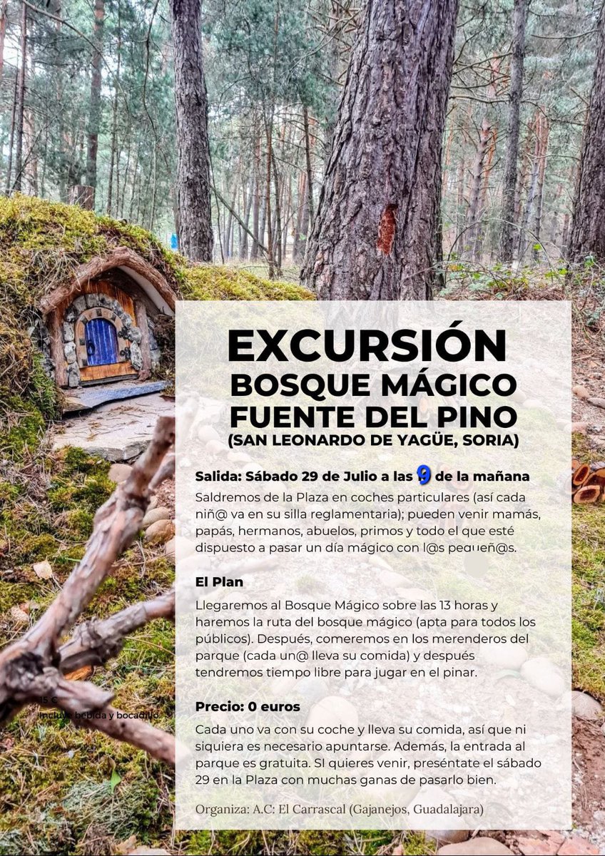 Mañana sábado comienzan los actos de la Semana Cultural 🌳, arrancando con la excursión al Bosque Mágico Fuente del Pino🧝‍♂️🧚‍♀️🍄  (atención: la hora de salida se ha adelantado a las 9).
Por la tarde a las 18h. Misa ⛪️, Actuación Musical 🎶 y Merienda 🥙