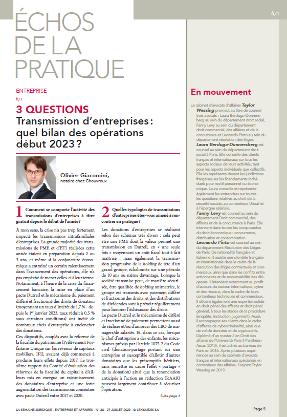 #Entreprise - Transmission d’entreprises : quel bilan des opérations début 2023 ? #3Questions par Olivier Giacomini in #JCPE n° 30