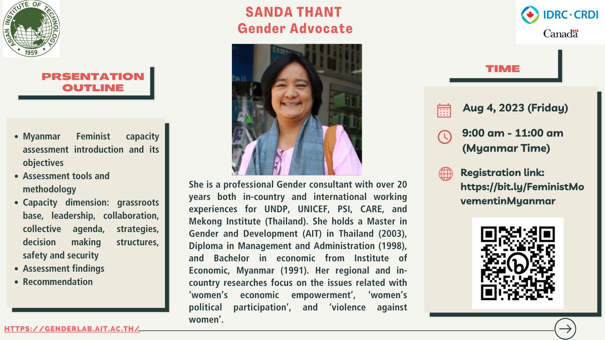 AITGenderLab's tweet photo. We would like to invite you to join our GenderLab talk program: "Sharing on Capacity Assessment Findings of Feminist Movement in Myanmar" which will be presented by Ms. Sanda Thant, Gender Consultant.  Date: 4.08.2023 Time: 9:00 - 11:00 AM Myanmar time! https://t.co/ACytE0rAr8 https://t.co/qRaX8GtN67
