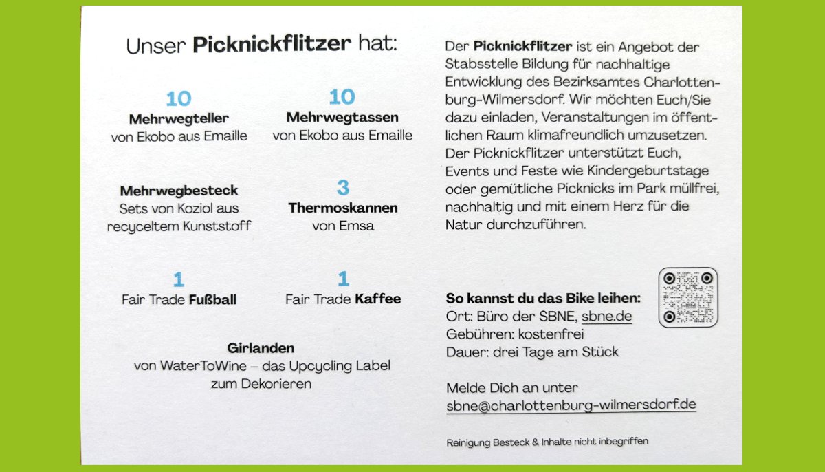GrueneBVVCW's tweet photo. 🚲🧺 Picknickflitzer:
Kostenfrei und nachhaltig! E-Bike mit 10 Mehrwegtellern, 10 Mehrwegtassen, Mehrwegbesteck, 3 Thermoskannen, 1 Fair Trade Fußball, und ☕️ 1x Fair Trade Kaffee. Ein Leihrad mit Herz 💚 für die Natur zum Essen und Feiern.
#Nachhaltig #SaubereStadt #SBNE #BACW https://t.co/6OfZ3WP9zg