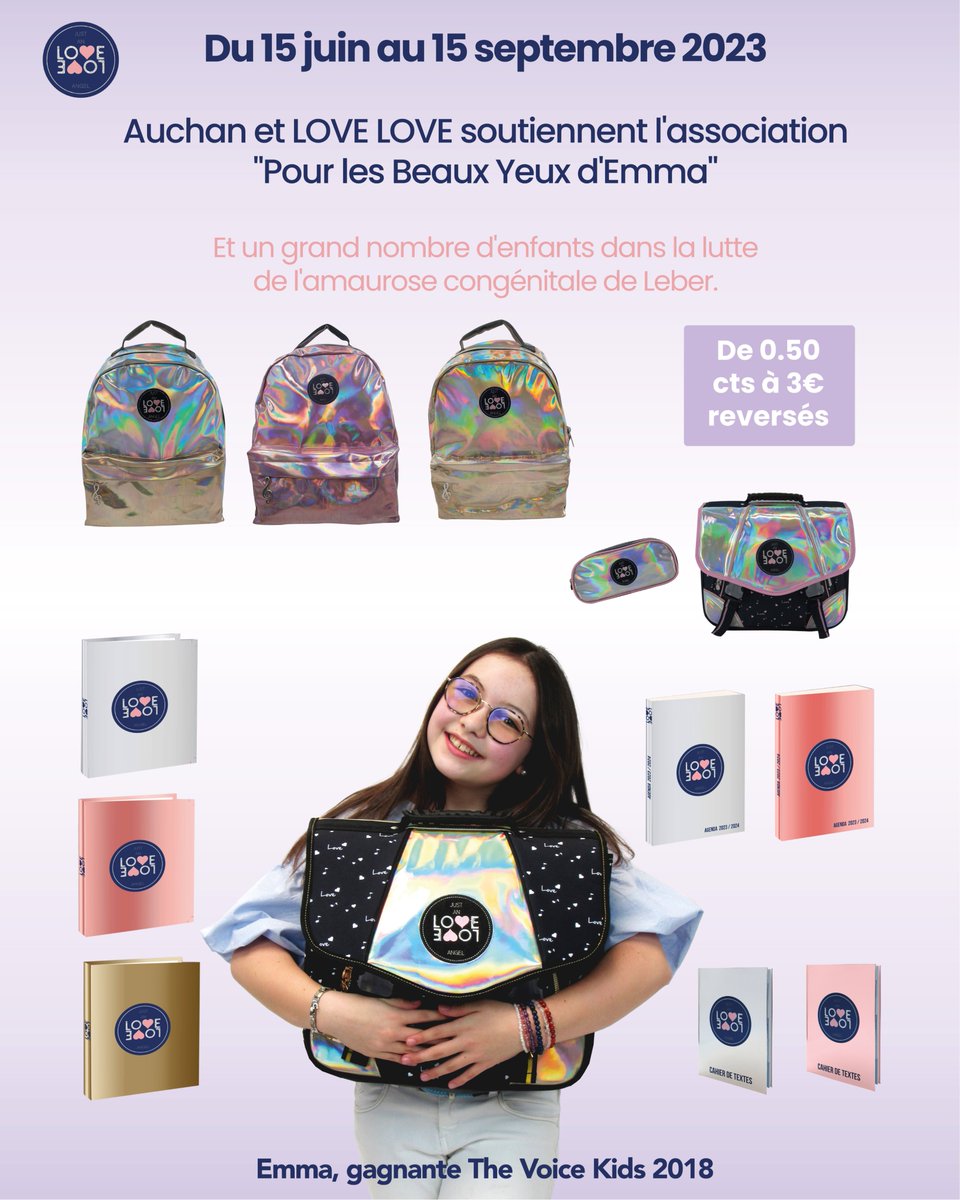 #Auchan et LOVE LOVE s'engagent du 15 juin au 15 septembre aux côtés de l'association "Pour les Beaux yeux d'Emma" <a href="/AssosEmma/">lesbeauxyeuxd'emma</a>, pour la soutenir elle et de nombreux enfants qui font face à l'amaurose congénitale de Leber 🤝

👉 Pour en savoir plus : bit.ly/3NVTZDV