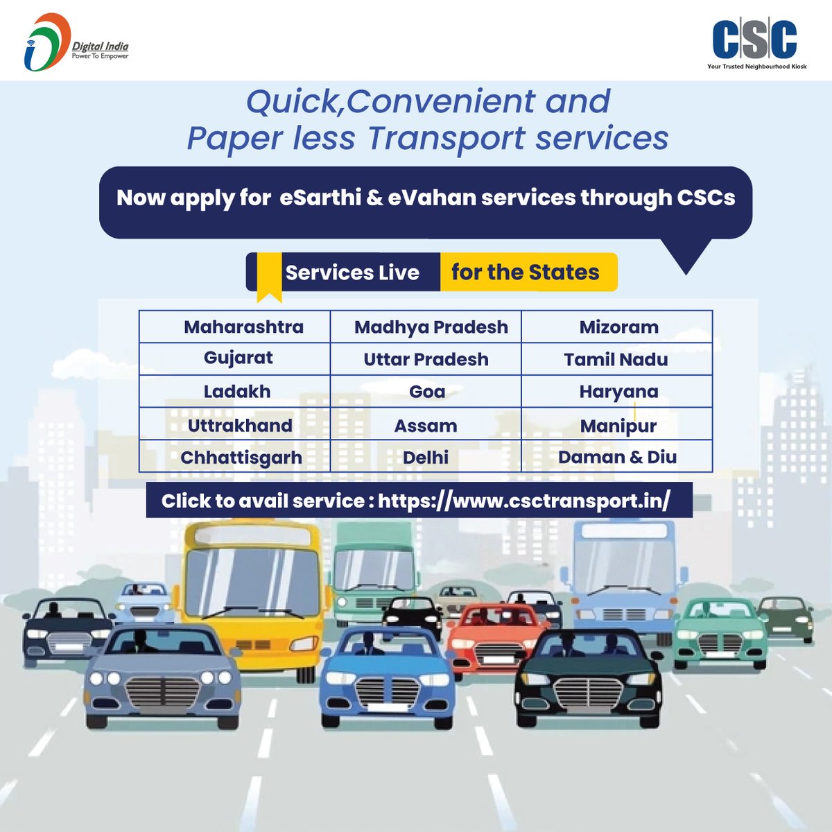 CSCeGov (@cscegov_) on Twitter photo Now apply for eSarthi & eVahan services through CSCs...
Quick, Convenient and Paperless Transport Services...
To avail service, visit: csctransport.in
For any queries, mail us on helpdesk@csc.gov.in
#CSC #DigitalIndia #RuralEmpowerment #eSarthi #eVahan #CSCTransport Now apply for eSarthi & eVahan services through CSCs...
Quick, Convenient and Paperless Transport Services...
To avail service, visit: csctransport.in
For any queries, mail us on helpdesk@csc.gov.in
#CSC #DigitalIndia #RuralEmpowerment #eSarthi #eVahan #CSCTransport