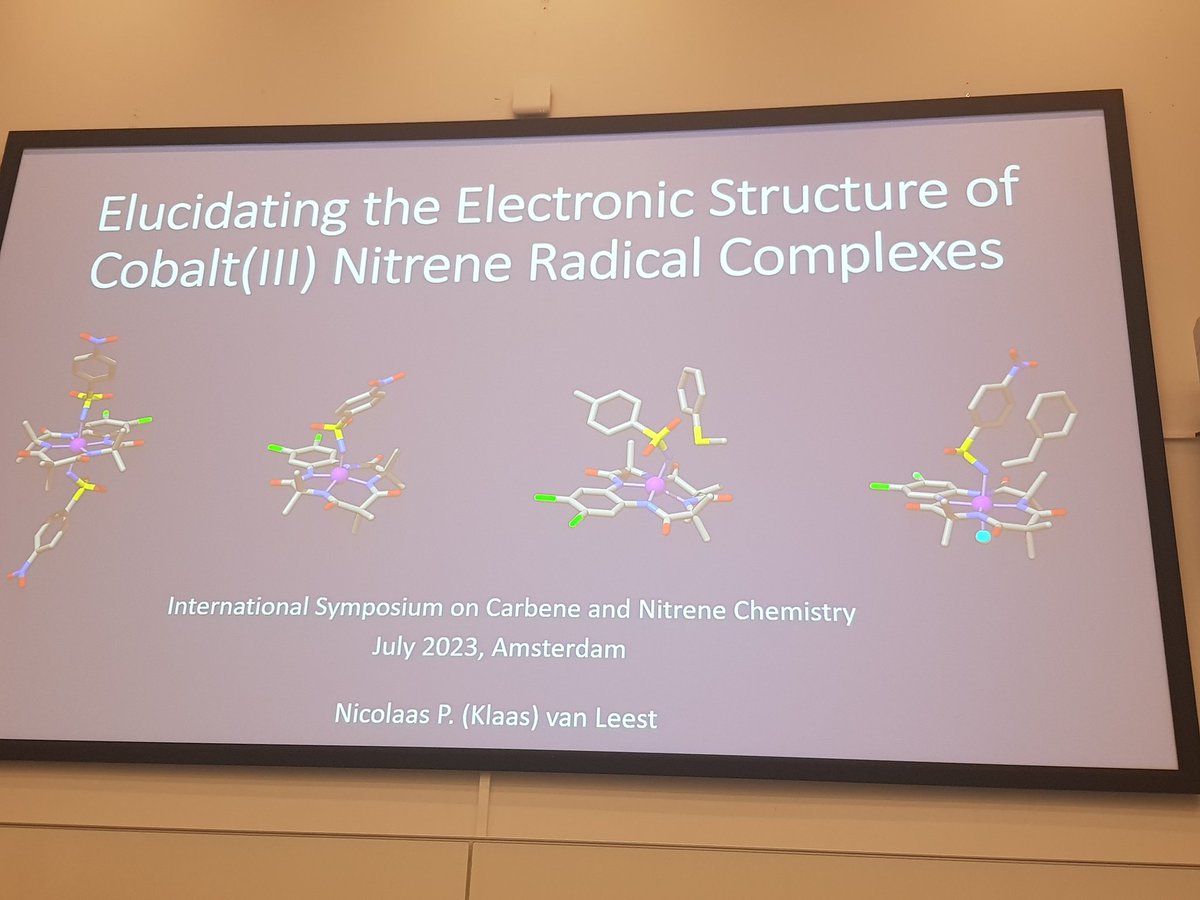 carbene_nitrene's tweet image. Klaas van Leest, young keynote speaker at #ISCNC2023 gives a splendid presentation about the unusual electronic structures of cobalt TAML complexes giving rise to unusual reaction pathways.