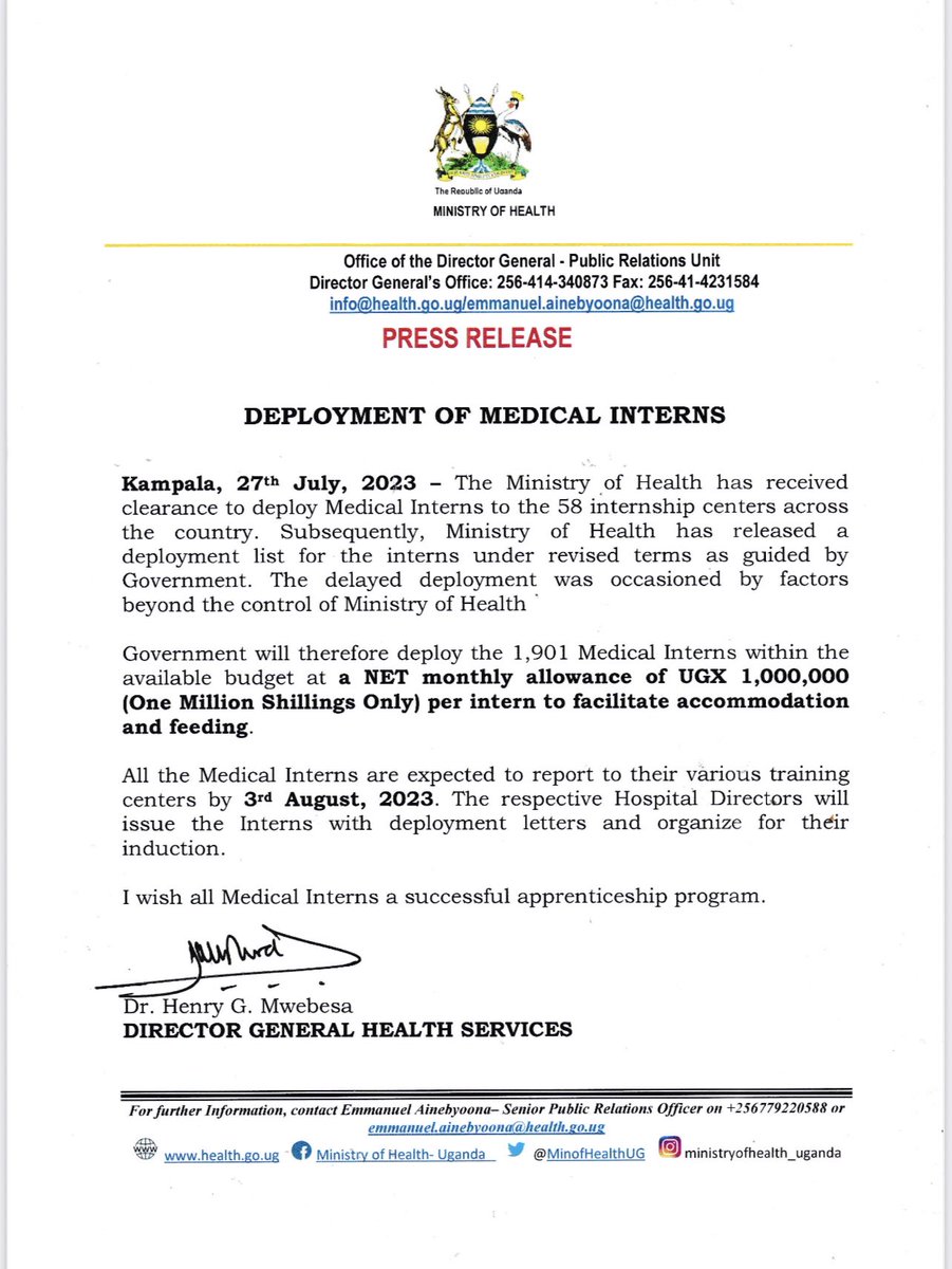 We thank <a href="/MinofHealthUG/">Ministry of Health- Uganda</a> for ensuring that Interns are finally deployed. Medical Interns are a strong pillar in the Health workforce.
There’s need to ensure there’s continued flow and deployment of Medical interns upon completion of their Medical school studies.