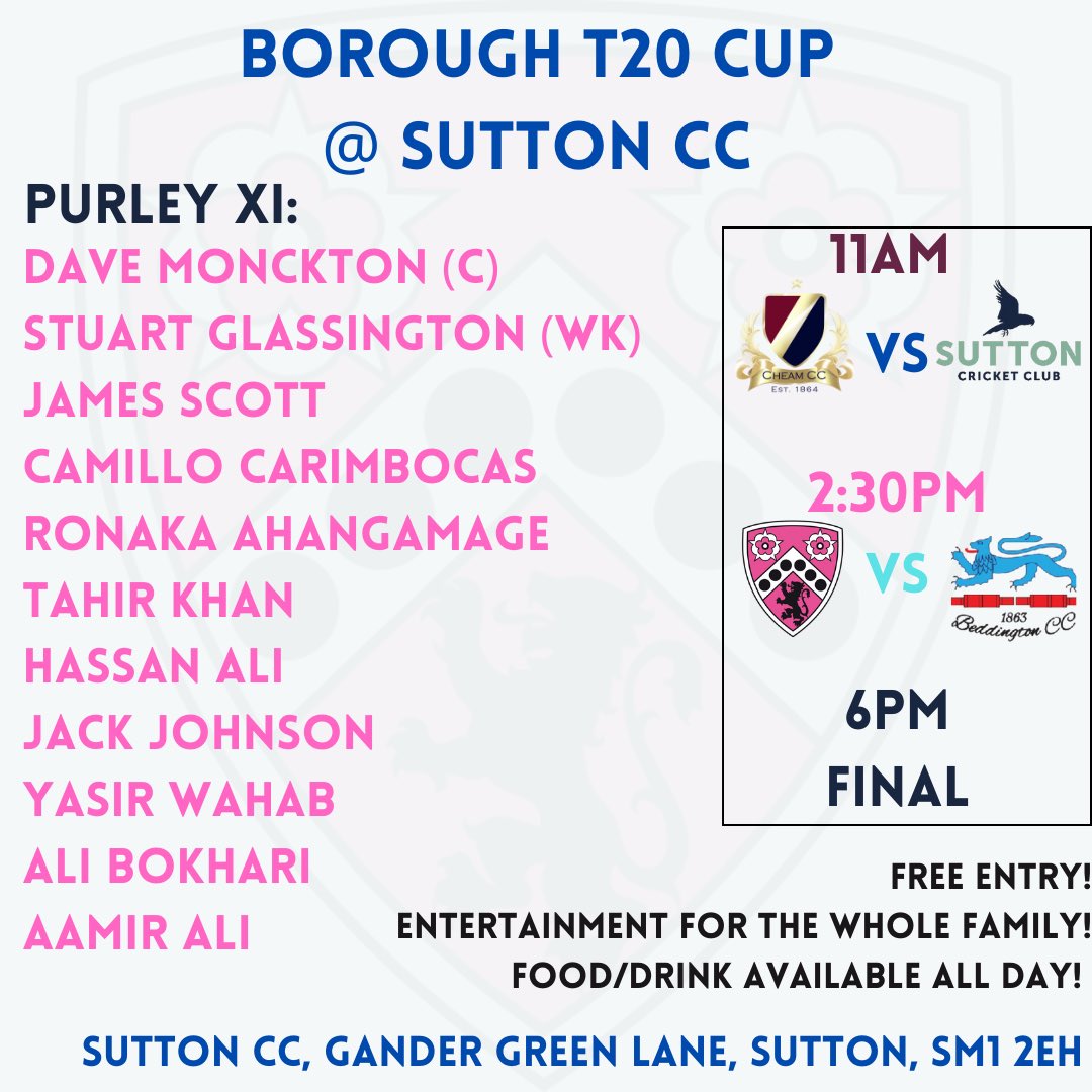 Purley Cricket Club (@purley_cc) on Twitter photo Here’s our line up for today’s Borough T20 Cup, which is hosted by <a href="/SuttonCricket/">Sutton Cricket Club, Surrey.</a> Here’s our line up for today’s Borough T20 Cup, which is hosted by <a href="/SuttonCricket/">Sutton Cricket Club, Surrey.</a>
