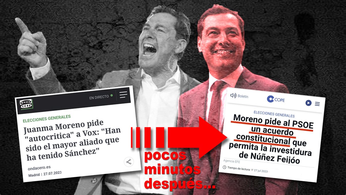 Moreno Bonilla 🤥 sigue lanzando bulos sobre VOX:

❌ Acusa falsamente a VOX de ser "el mayor aliado" de Sánchez...

🔴 ...pero, solo minutos después y como lleva haciendo toda la campaña, le "pide al PSOE un acuerdo" para investir presidente a Feijóo.