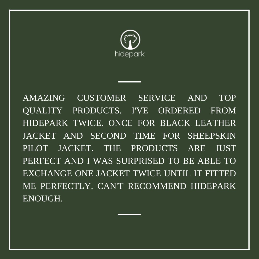 Our Customer Service team stand out with their excellent advice and quick responses. 

At Hidepark it’s not just our jackets that provide quality.

#HideparkLeather #HideparkLeatherJackets #LeatherJackets #WomensJacket #MensJacket #Testimonials #CustomerReview #CustomerService