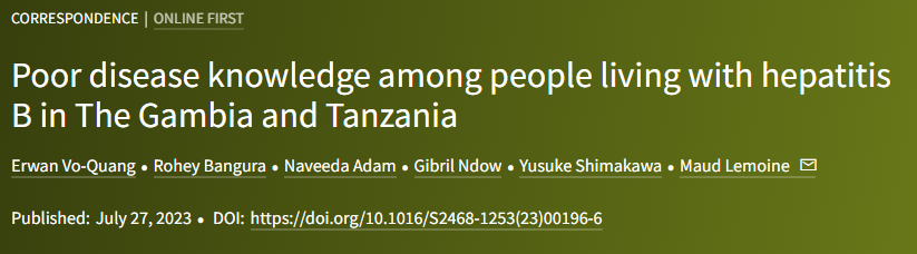 LancetGastroHep's tweet photo. New Correspondence - Vo-Quang et al - Poor disease knowledge among people living with hepatitis B in The Gambia and Tanzania

https://t.co/cZuNZ9cIVw

#LiverTwitter #IDTwitter #WorldHepatitisDay #NoHep #HepCantWait #NotWaiting #HBV @maud_lemoine @ErwanVoQuang @gndow https://t.co/ijK3JKArGY