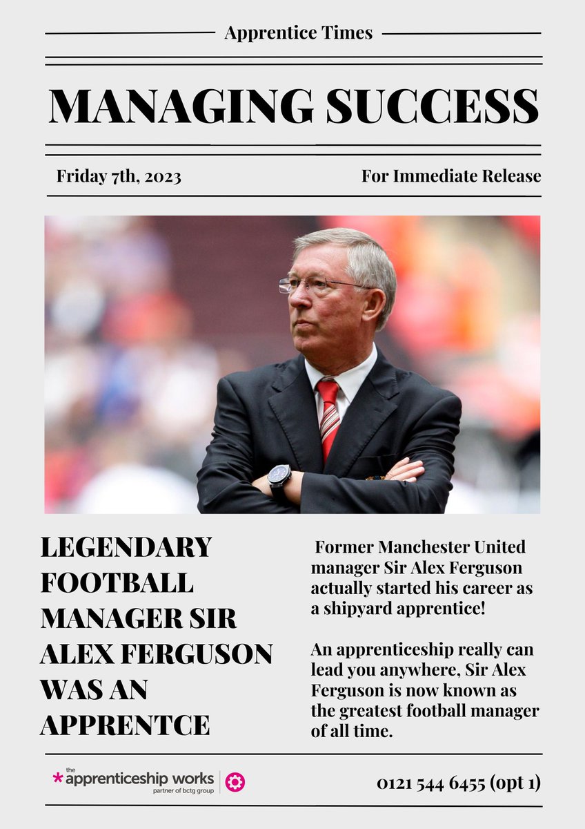 _TheAppWorks's tweet image. Did you know that the most successful football manager of all time, Sir Alex Ferguson, was an apprentice? Are you looking at starting an apprenticeship yourself? To find out about apprenticeships, go to: theapprenticeshipworks.com/individuals/
#manager #apprentice #career #success #football