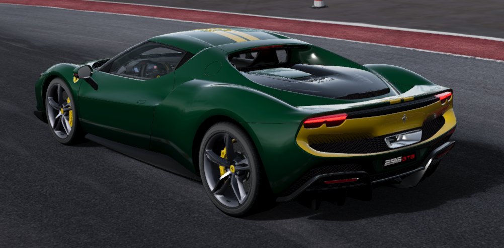 renzoinabenzo's tweet photo. A fun drive into work this morning discussing how we'd spec a Ferrari 296 and I've accidentally ended up with a bit of a Lotus theme. I think it works quite well!

Exterior: Verde British Racing + Giallo modena
Interior: Iroko with yellow stitching. https://t.co/v1MzhdSd9X