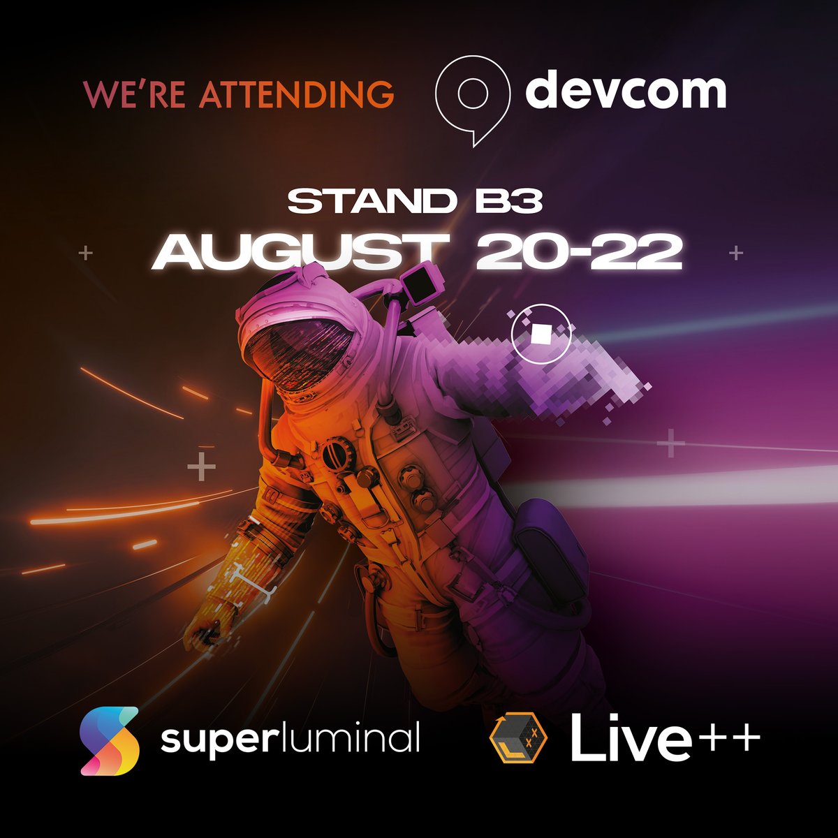 We partnered up with the amazing people from @SuperluminalSft and will be heading to devcom in Cologne in August!

Come see us at our booth - we'd love to meet you lovely people!

#gamescom2023 #ddc2023 #devcom2023