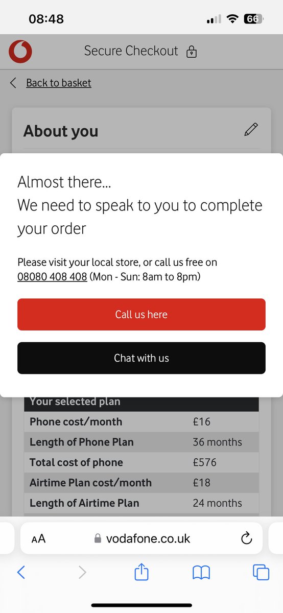 NatalieHaden's tweet photo. @VodafoneUK can’t get passed this stage…ring up and they can’t offer the same online deal….not happy!! https://t.co/JMAyUjKFi3