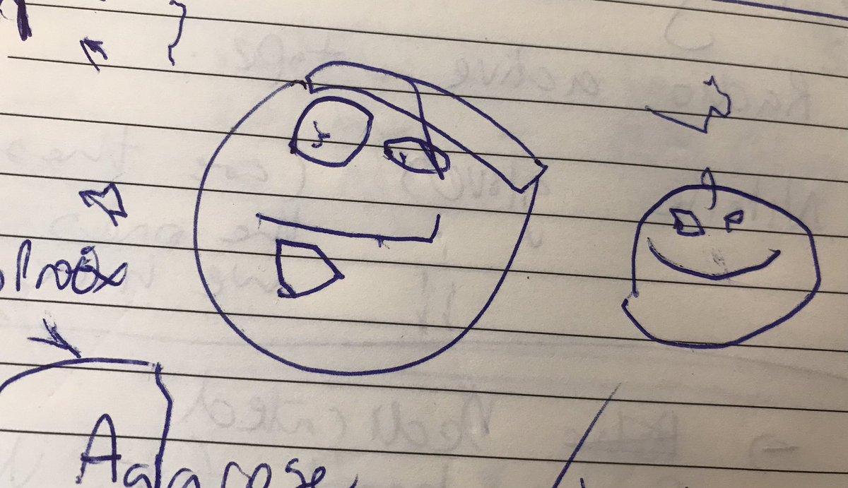 AtomsAlice's tweet photo. Working from home today, designing cloning vectors, opened my notebook this morning to find this… 
the 4year old has added eyes and a mouth to my plasmid. Then added a sceptical face beside it! https://t.co/ugfohcMdrT