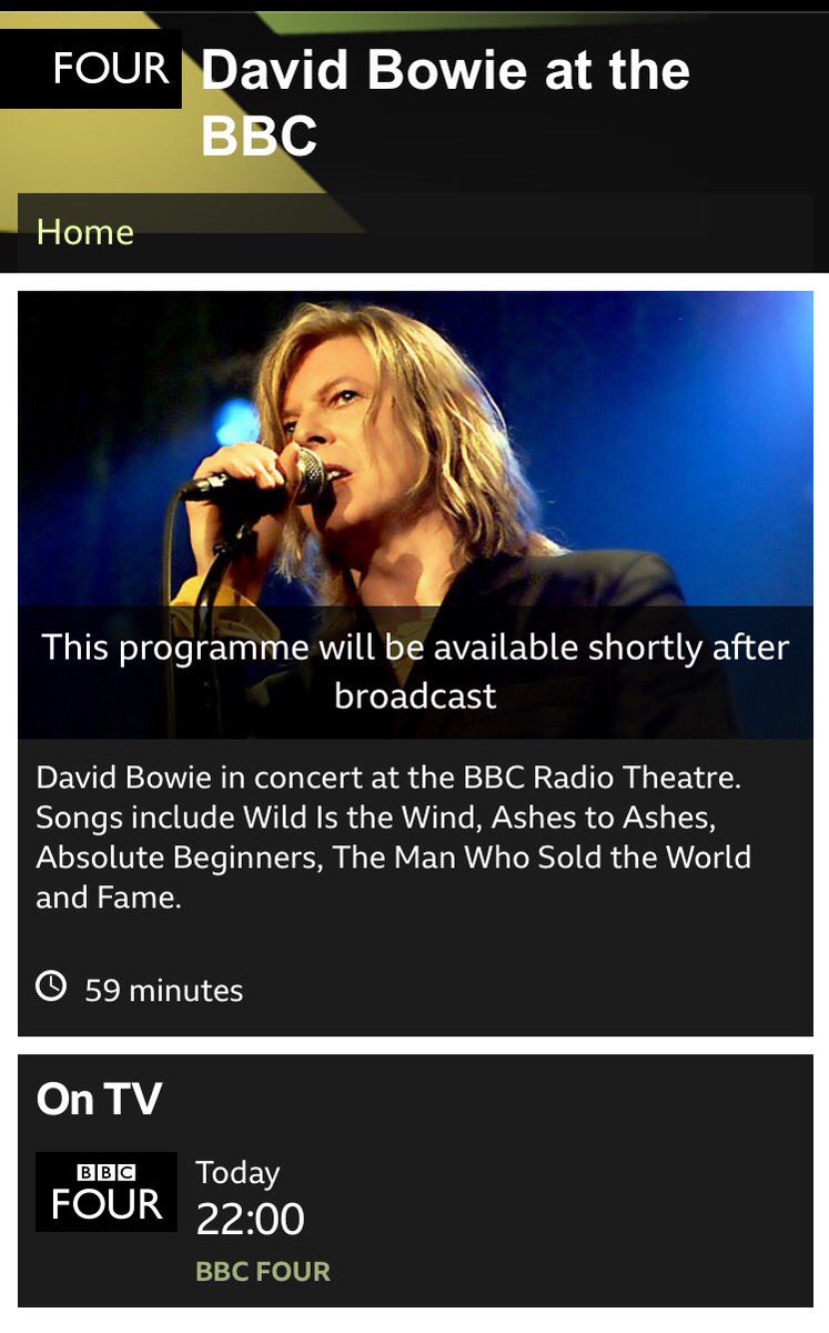 Reminder: tonight on BBC Four - David Bowie at the BBC, (BBC Theatre 2000) at 10pm and repeated later at 2.30am