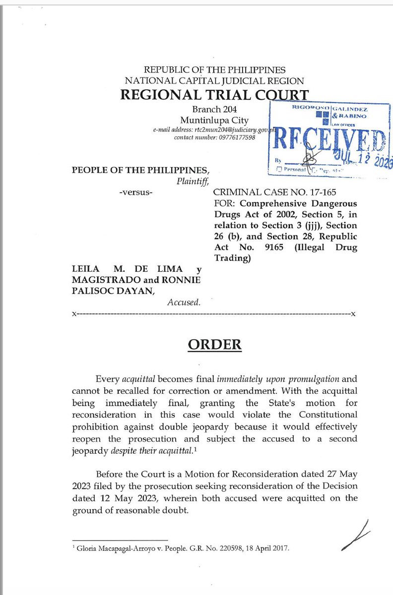 rapplerdotcom's tweet photo. JUST IN. Muntinlupa RTC Branch 204 affirms the acquittal of ex-Sen. Leila de Lima. 

The court junks the prosecution's motion, asking the court to reconsider its decision junking the case against De Lima. | via @jairojourno https://t.co/88TytWCumB