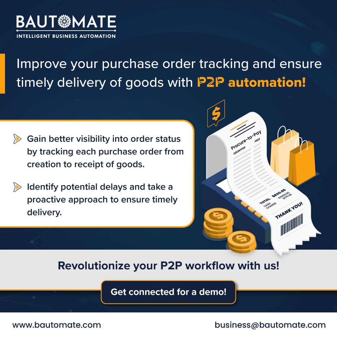 Bautomate_BPA's tweet image. Transform the way you track purchase orders and guarantee on-time delivery of goods with our P2P automation solution. Explore more at lnkd.in/g43pMzbT 
#P2Pautomation #Bautomate