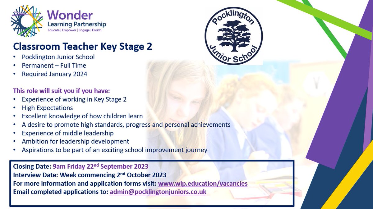 One of our wonderful schools is looking for a new #KeyStage2 #teacher for January 2024. Visit wlp.education/vacancies/ to learn more. #teachervacancy #Yorkshire #Wonder