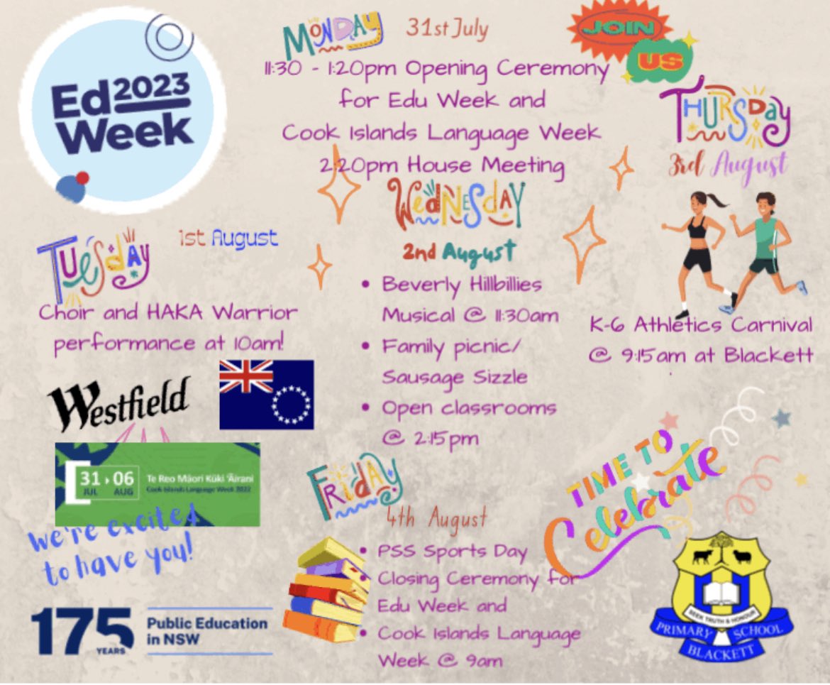 BlackettSchool's tweet photo. Kia Orana! We're excited to welcome our community to our Education Week and Cook Islands Language Week celebrations starting on Monday, 31st of July at 11:30am at our Yarning Circle. we're celebrating #EdWeek23 #175Yearsofpubliceducation #mtdruittmagic #LoveWhereYouLearn https://t.co/1ZyCGQi8L3