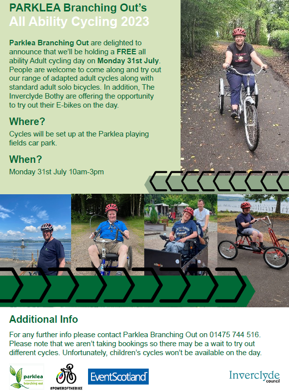 inverclyde's tweet photo. Parklea Branching Out will be hosting an all-ability cycling day on Monday 31 July from 10am-3pm. See below for more information.
We would like to thank #EventScotland for funding- to celebrate the 2023 UCI Cycling World Championships. #perfectstage #powerofthebike https://t.co/RNnOjjBUv6