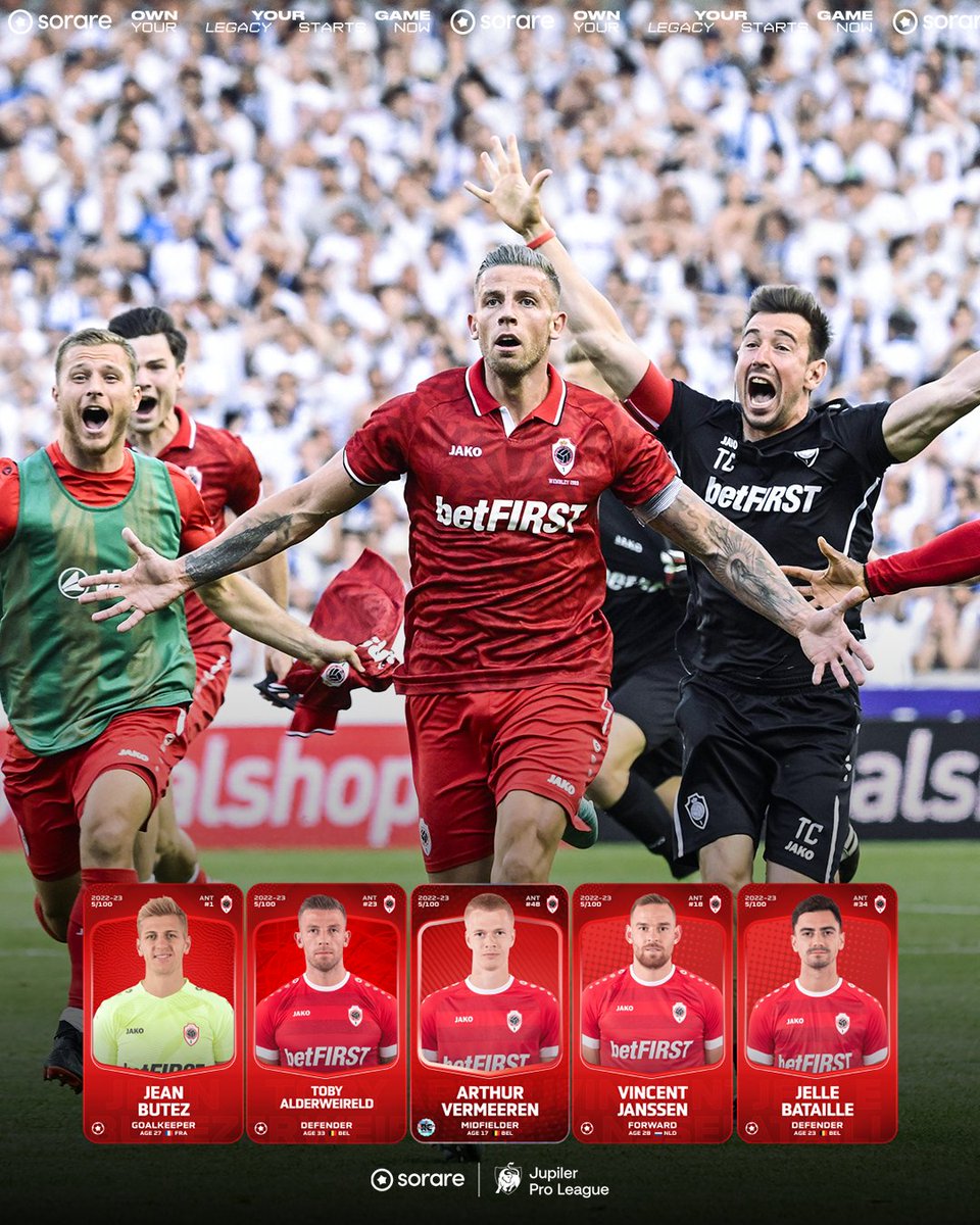 Sorare's tweet image. To celebrate the start @ProLeagueBE, we&apos;re giving away a team-signed jersey of reigning champs 𝐑𝐨𝐲𝐚𝐥 𝐀𝐧𝐭𝐰𝐞𝐫𝐩! 🏆

1️⃣- Follow @Sorare 
2️⃣- RT this Tweet 
3️⃣- Guess the:
Total # of goals scored on Matchday 1
First goalscorer of Matchday 1

🎁 First to guess correctly…