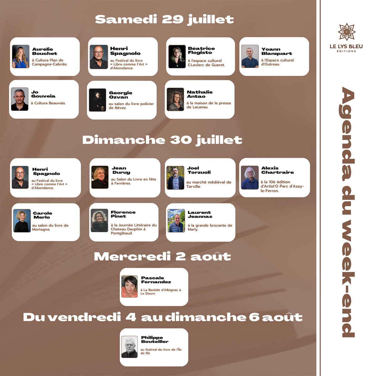 [Rencontres et dédicaces]📷
📷📷Rejoignez-nous ce week-end pour des séances de dédicaces et des rencontres d'auteurs ! C'est l'occasion de rencontrer nos auteurs, d'en apprendre plus sur leur travail et de vous procurer des livres dédicacés.
#SéancesDeDédicaces #RencontreAuteurs