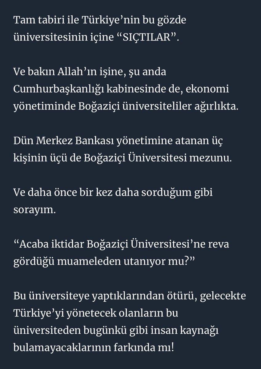 Bugün iktidarın gerek hükümet gerekse bürokraside her kritik göreve Bulu ve İnci ile mahvettiği Boğaziçi’nin eski mezunlarını getirmesini yazdım.