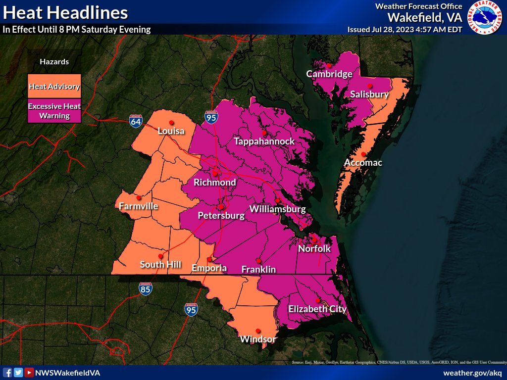 NWSWakefieldVA's tweet photo. 🥵Today will be the hottest day of the year and potentially the hottest day since 2020 with temps in the upper 90s to near 100° and heat indices of 105-112°. Be safe and limit outdoor time for you and your pets. A few isolated storms are also possible late in the day. https://t.co/TCCcSxw0Vk