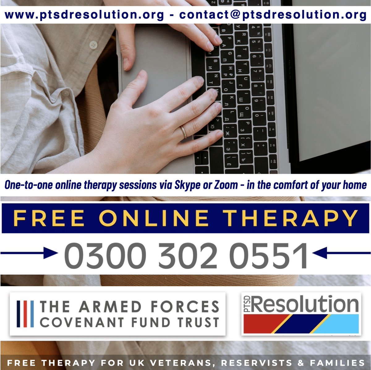 ptsdresolution's tweet photo. #PTSDResolution's FREE therapy is available:

1️⃣ In-person
2️⃣ Online
3️⃣ By phone

➡️ What's online therapy? One-to-one sessions via Skype or Zoom in the comfort of your home

Call 0300 302 0551 or contact@ptsdresolution.org

🙏 to our friends &amp; partners @ the @CovenantTrust https://t.co/qwjp4ftnhC