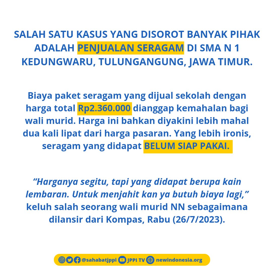 SeknasJppi's tweet photo. Padahal, di dalam Permendikbud Nomor 50 Tahun 2022 tentang Pakaian Seragam Sekolah Jenjang Pendidikan Dasar dan Menengah pasal 13, tertera bahwa sekolah tidak boleh mengatur kewajiban dan atau membebani kepada orang tua atau wali Peserta Didik untuk membeli pakaian seragam yaaa https://t.co/0BYLsvBN7d
