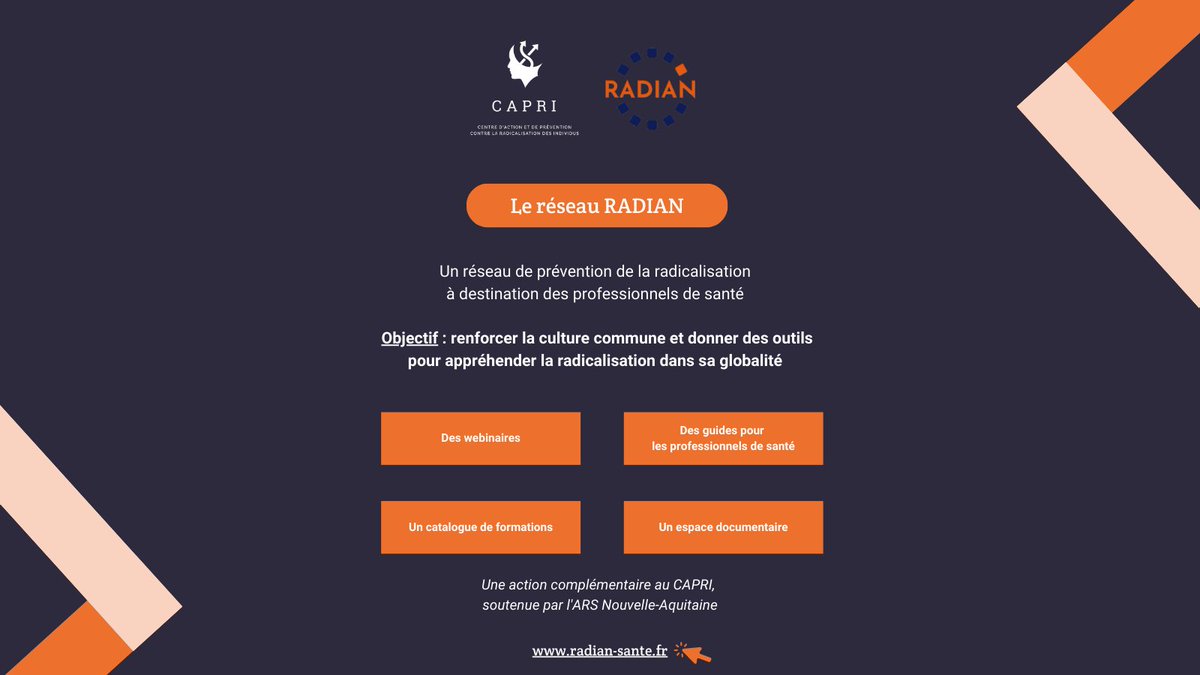 Connaissez-vous le réseau RADIAN?🧑‍⚕️

Cette initiative soutenue par le CAPRI et l’ @ARSNouvelleAquitaine a pour but de donner des outils aux professionnels de santé pour enrichir leur compréhension de la #radicalisation et échanger les bonnes pratiques.

💻radian-sante.fr
