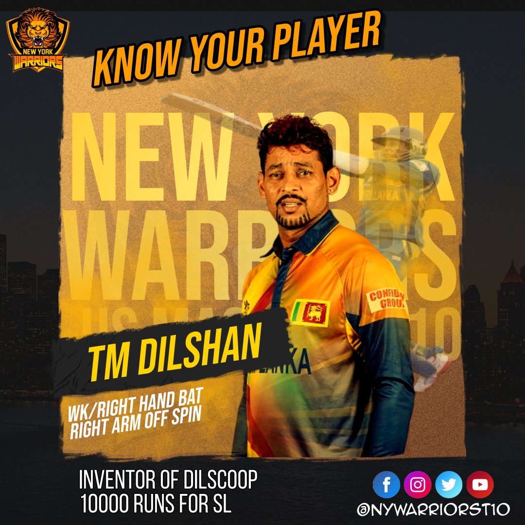 nywarriorst10's tweet photo. Did you know Tillakaratne Dilshan was the fastest to 10,000 ODI runs for Sri Lanka 👏 
@23TMDilshan
He achieved the feat in 2015 in 293 innings
He is inventor of dilscoop
One of the most successful WK 
BATSMAN and have various records
For Sri Lanka 
#USMastersT10 #NewYorkWarriors https://t.co/PuSSXNlGWi