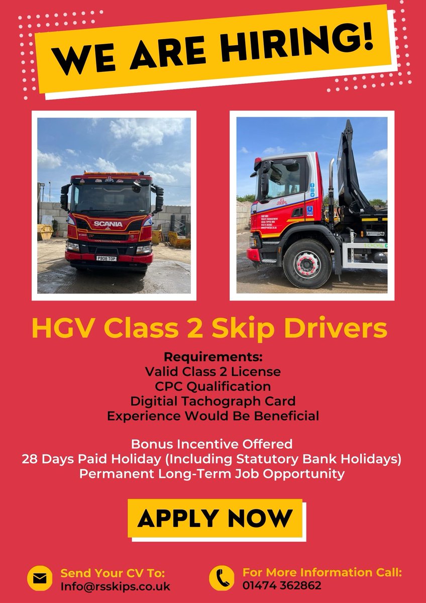 RSSkips's tweet image. We Are Hiring!! 👷👷‍♂️🦺🚛

R S Skips Ltd is a well-established, family-run Skip Hire &amp;amp; Waste Management company based in Gravesend, Kent.

We are seeking to recruit an experienced HGV Class 2 Skip driver to join our team!

#job #gravesend #driving #jobs #hiring #skip #skipdriver