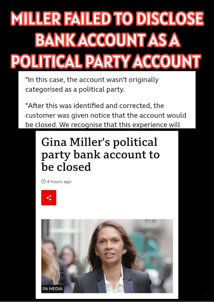 SuckMyBrexit's tweet photo. @BBCBreaking seems you hid the fact at the bottom of your article that #GinaMiller failed to disclose the account as a political party account I've headlined it for you, it's not even close to @Nigel_Farage #Brexit #CouttsGate #NatWest account fiasco SHE LIED like #Remoaners do. https://t.co/sxggh6xwhT