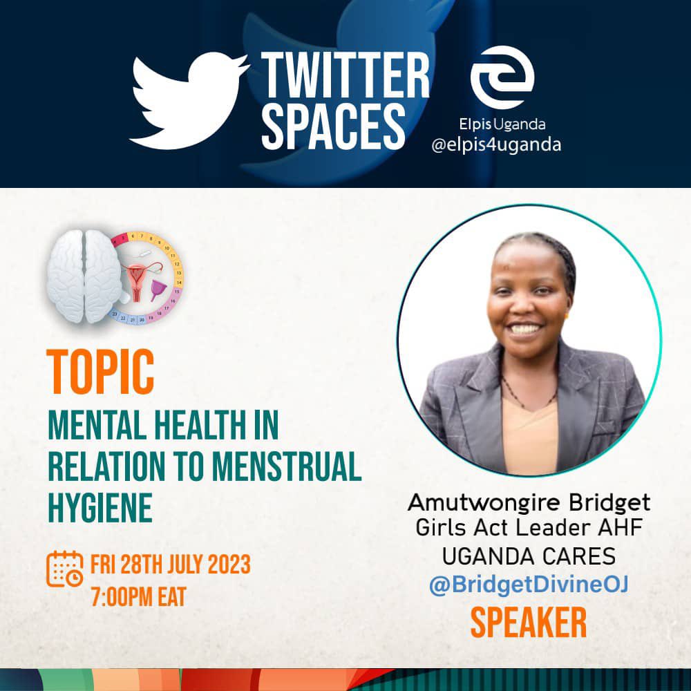 Be part of this amazing twitter space at 7pm hosted by @elpis4uganda 
As we discuss on Mental Health In Relation To Menstrual Hygiene'.

#mentalheathmatters 
#EndMenstrualStigma
@MadamArchitectt 
@BwireMose 
@UncleDricAdoni 

@ahfugandacares