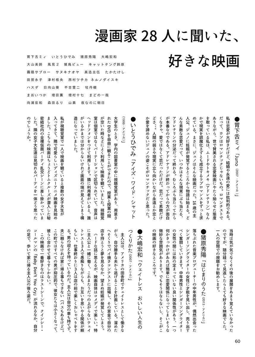 コラム執筆作家:胃下舌ミィ、いとうひでみ、猪原秀陽、大嶋 宏和、大山美鈴、風見2、雉鳥ビュー、キャットタング鈴原、霧隠サブロー、サヌキ ナオヤ、真造圭伍、たかたけし、田房永子、津村根央、西村ツチカ、 