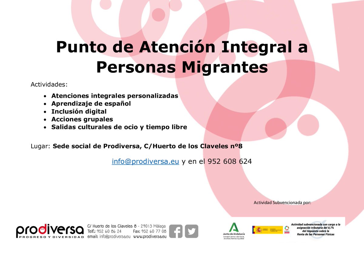 Prodiversa's tweet photo. 📷En @Prodiversa contamos con el Punto de Atención a Personas Inmigrantes, cuyo objetivo general es potenciar su integración social.
📷Programa financiado por @IgualdadAND con cargo a la asignación tributaria del 0,7% del IRPF de la Junta de Andalucía @Agenda2030Gob
#PAIM https://t.co/2dRcPlUNxj