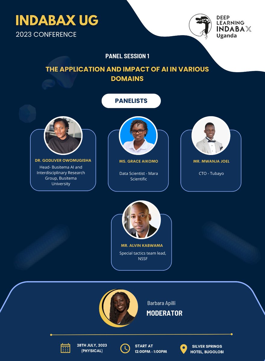 Happening right now is Panel Session 1. Topic: The application and impact of AI in various domains. @DeepIndaba @FruitPunchAI_UG @SunbirdAI @AIR_lab_MUK @TheAIJournal1 #IndabaXUG2023