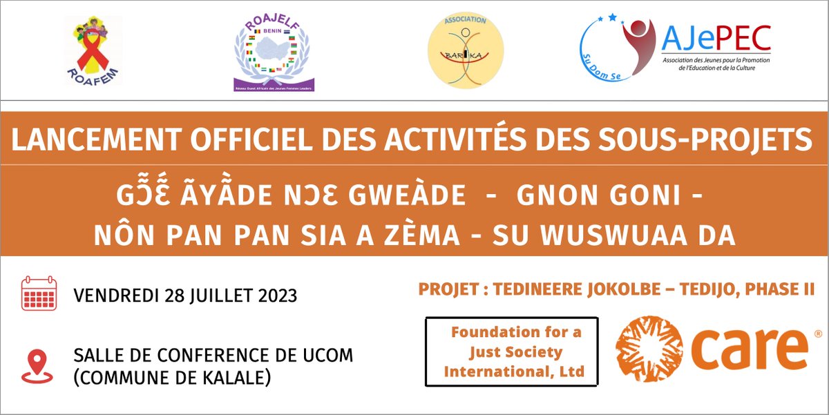 Hello guys 👋🏾

Nous sommes heureux de participer au lancement officiel ce jour des activités de nos sous projets de TEDIJO II à #Kalalé avec nos collègues de AJePEC, ROAFEM et <a href="/roajelfbenin/">Roajelf Bénin</a>  🤩

Restez câblés, ça démarre dans quelques minutes 🥳🎊