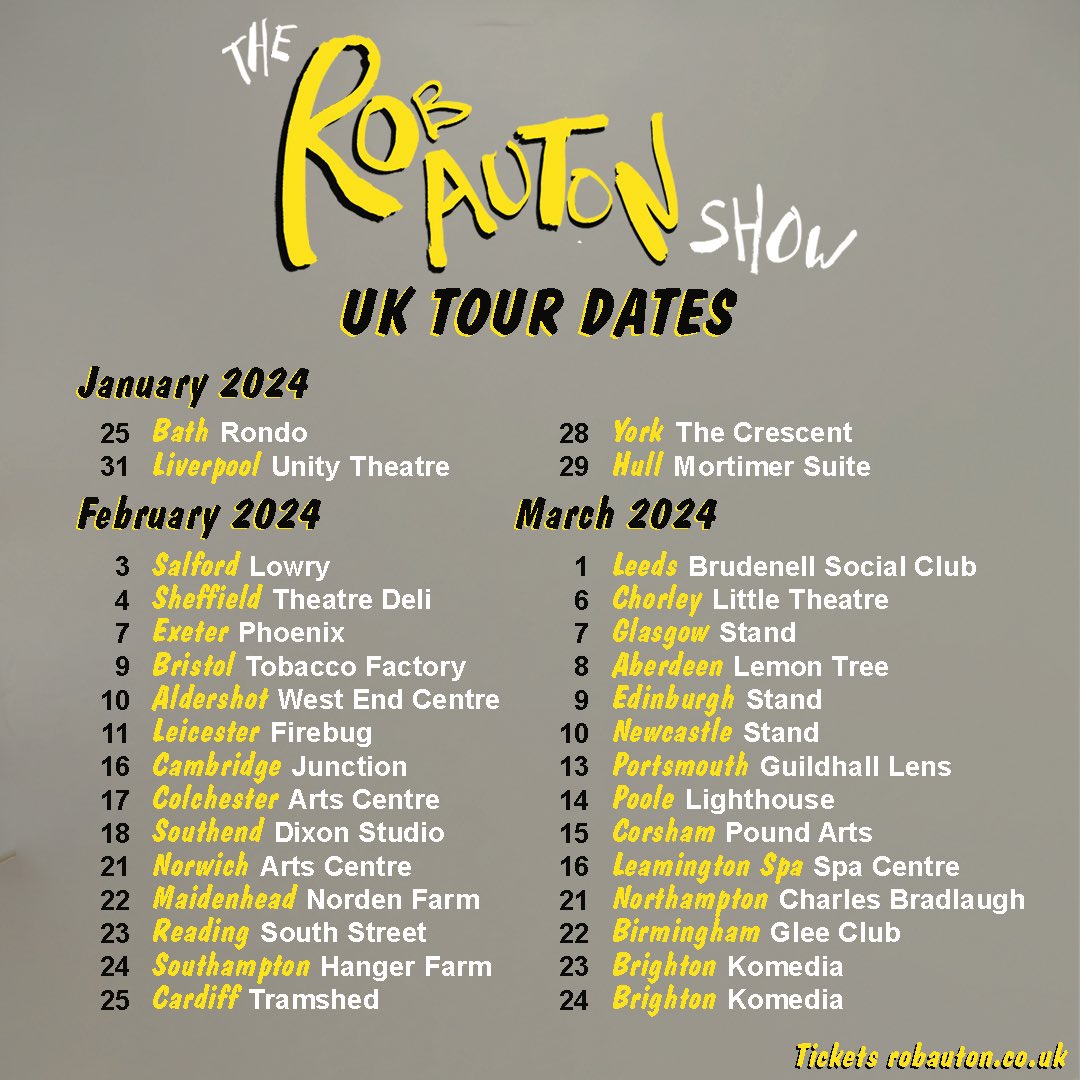 THE ROB AUTON SHOW TOUR 2024 I’m taking my new show on tour next year. I’ve put it (me) through the work in progress gigs, it’s about to be put through the creative bootcamp of Edinburgh, I’m looking forward to taking it on the train tracks. Tickets robauton.co.uk/past-productio…